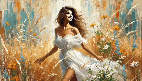 Radiant woman in a flowing white dress joyfully dancing in a golden wheat field, surrounded by wildflowers, bathed in warm sunlight with an impressionistic, dreamy background.
