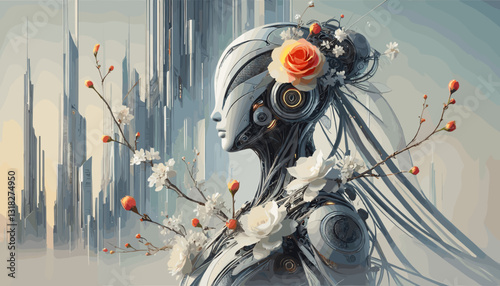 Elegant cybernetic woman with a futuristic design, adorned with delicate flowers, set against a sci-fi cityscape with towering structures, blending nature and technology in a surreal aesthetic.