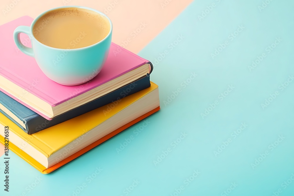 Fototapeta premium Colorful Books and Coffee - A Cozy Reading Nook