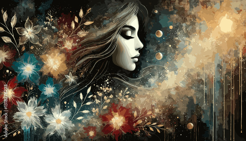 Ethereal digital painting of a serene woman with flowing hair blending into cosmic dust, surrounded by glowing flowers and celestial elements in a dreamy, mystical atmosphere.