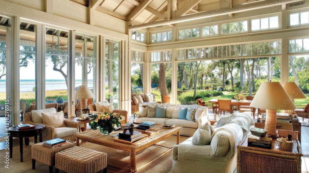 Fototapeta premium Coastal-style modern living room with a soft color palette, large windows, and rattan furniture.