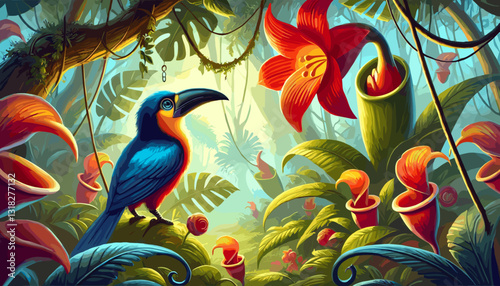 Vibrant digital painting of a tropical jungle with a colorful toucan perched among exotic flowers and lush foliage, illuminated by warm, golden light.