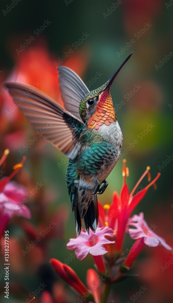 Obraz premium Hummingbird in flight, hovering near vibrant flowers. A burst of color and motion captured in nature.