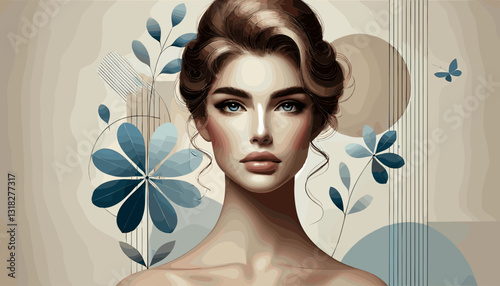 Elegant digital painting of a woman with captivating eyes, framed by abstract blue flowers and soft geometric lines, blending modern aesthetics with a timeless, graceful charm.