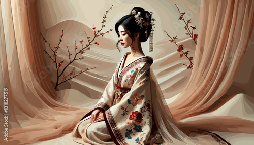 Elegant digital painting of a serene woman in a traditional floral kimono, sitting gracefully among flowing silk drapes and cherry blossoms in a soft, tranquil setting.