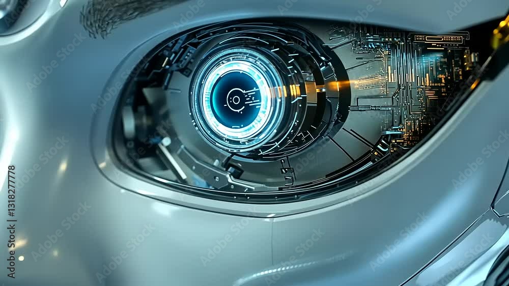 Close-up of a futuristic robotic face with intricate mechanical details in the eye. Close-up of a futuristic robotic face with intricate mechanical details in the eye.