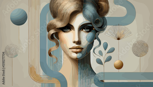 Abstract digital painting of a stylized female portrait with geometric shapes, fluid lines, and earthy blue and gold tones, blending modern and surreal aesthetics.