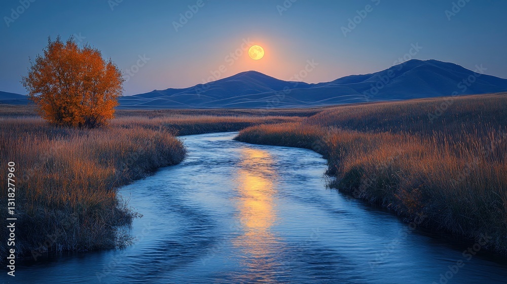 Fototapeta premium Lunar light on mountain stream, long exposure creating silky water