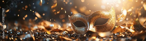 Elegant masquerade ball backdrop with golden sunbeams filtering through a vintage ballroom