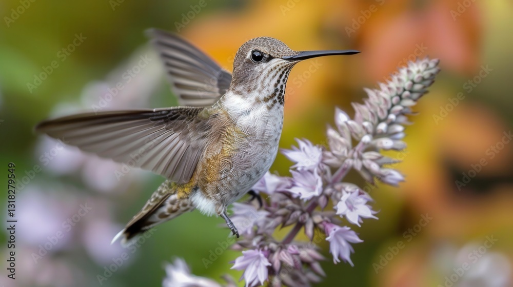 Fototapeta premium Hummingbird in flight, hovering near purple flowers. A stunning close-up showcasing its intricate details and vibrant colors.