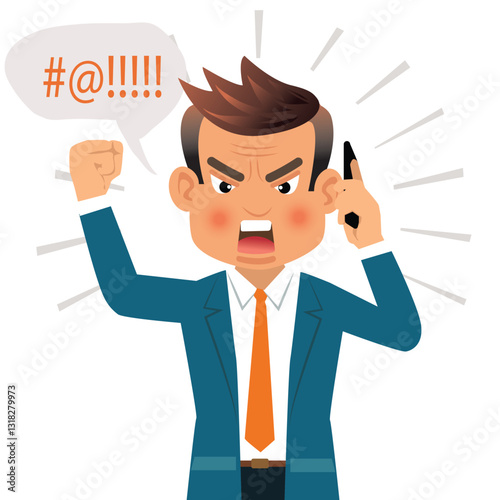 Angry business man in blue suit get mad on the smartphone. vector,