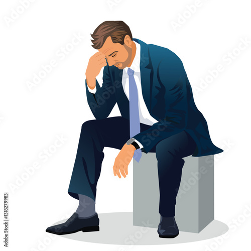 Depressed businessman  sitting on box on white background, leaning on his hands, having financial troubles during quarantine or suffering from loneliness, vector,