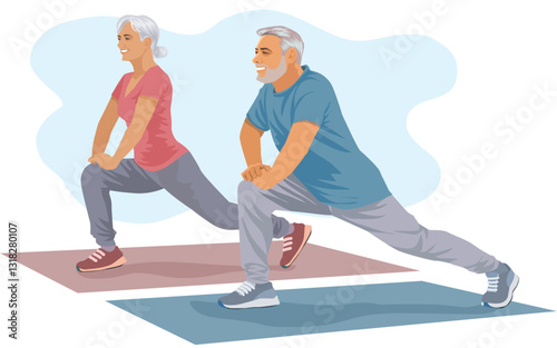 Elderly couple stretching in home or the gym. Healthy sport. vector,