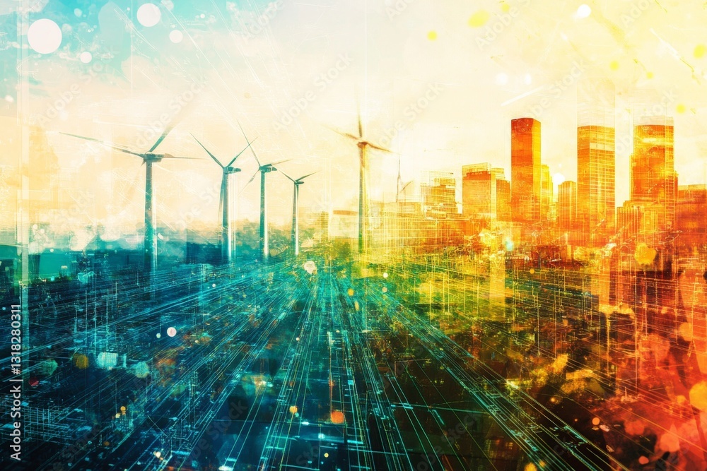 Obraz premium Vibrant Cityscape with Wind Turbines and Abstract Energy Background