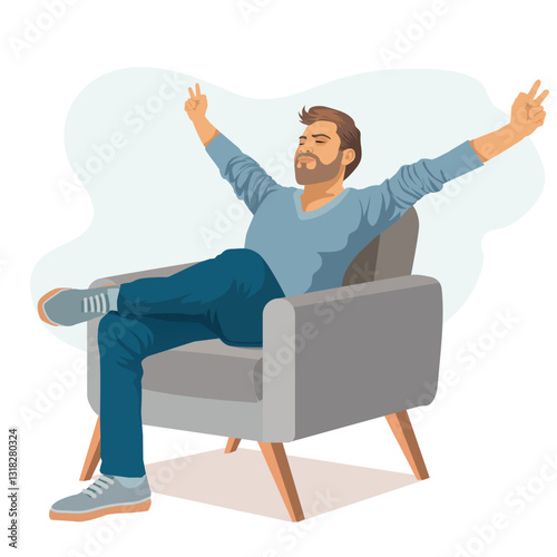 Handsome bearded man stretching in grey armchair on white background. vector,