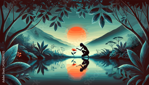 Stylized digital illustration of a silhouetted child nurturing a flower by a reflective lake at sunset, surrounded by lush foliage. Serene, symbolic, and nature-inspired with a dreamy atmosphere.