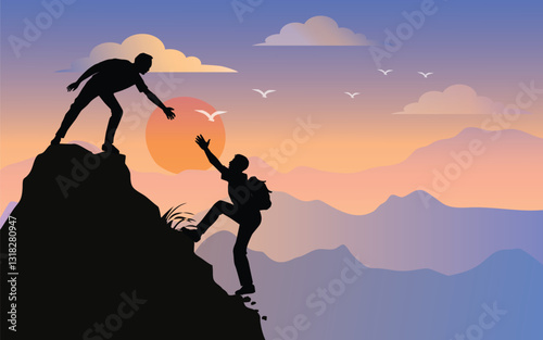 Adventure in the mountains. Assist a friend when climbing to the top. Hand of support. Friendship. Silhouette traveling people. Climbing on mountain.  illustration hiking and climbing team. vector