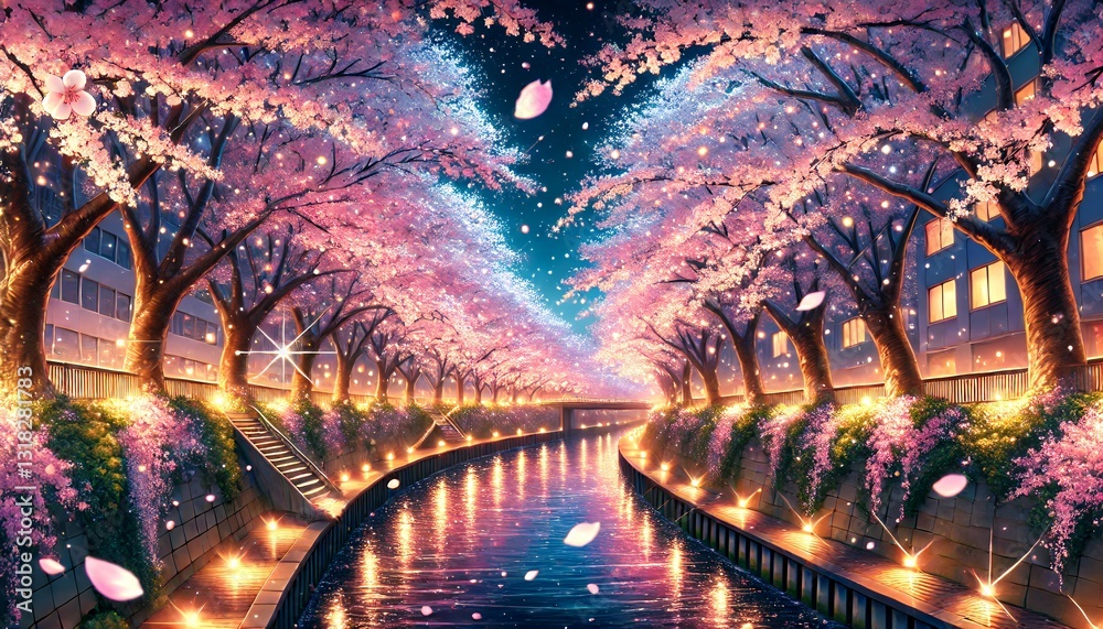Fototapeta premium 夜の川沿いの桜並木(アニメ映画風