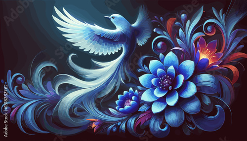 Fantasy digital painting of a luminous white bird soaring above intricate glowing blue flowers with swirling details in a dark, mystical atmosphere. Elegant, ethereal, and magical.