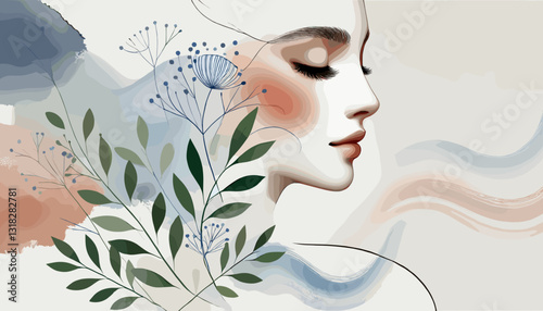 Minimalist digital illustration of a serene female portrait with botanical elements and soft watercolor brushstrokes. Elegant, modern, and nature-inspired with a dreamy, artistic touch.