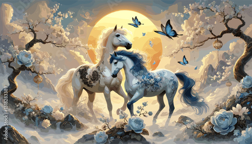 Fantasy digital painting of two majestic horses, one white and one blue, in a mystical moonlit landscape with glowing butterflies, cherry blossoms, and ethereal mist. Dreamlike, elegant, and magical.