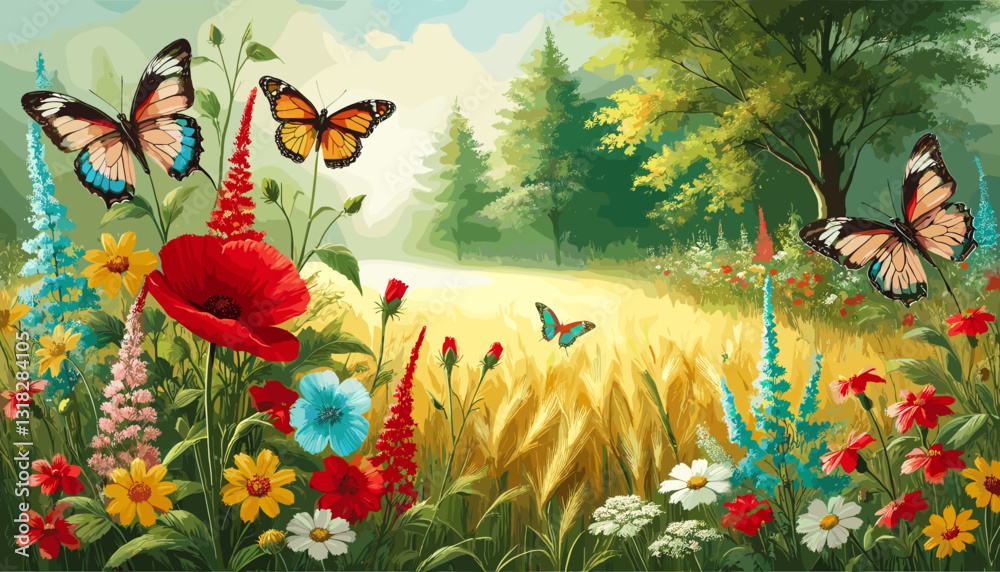 Vibrant digital painting of a sunlit meadow with colorful wildflowers, golden wheat, and fluttering butterflies. Serene, nature-inspired, and dreamlike. Vibrant digital painting of a sunlit meadow with colorful wildflowers, golden wheat, and fluttering butterflies. Serene, nature-inspired, and dreamlike.
