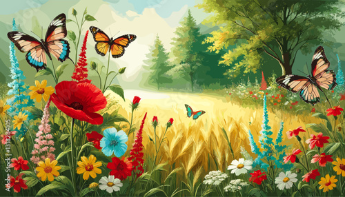 Vibrant digital painting of a sunlit meadow with colorful wildflowers, golden wheat, and fluttering butterflies. Serene, nature-inspired, and dreamlike.