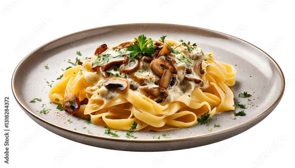 A delicious plate of fettuccine pasta topped with creamy mushroom sauce and fresh herbs, perfect for gourmet dining. A delicious plate of fettuccine pasta topped with creamy mushroom sauce and fresh herbs, perfect for gourmet dining.