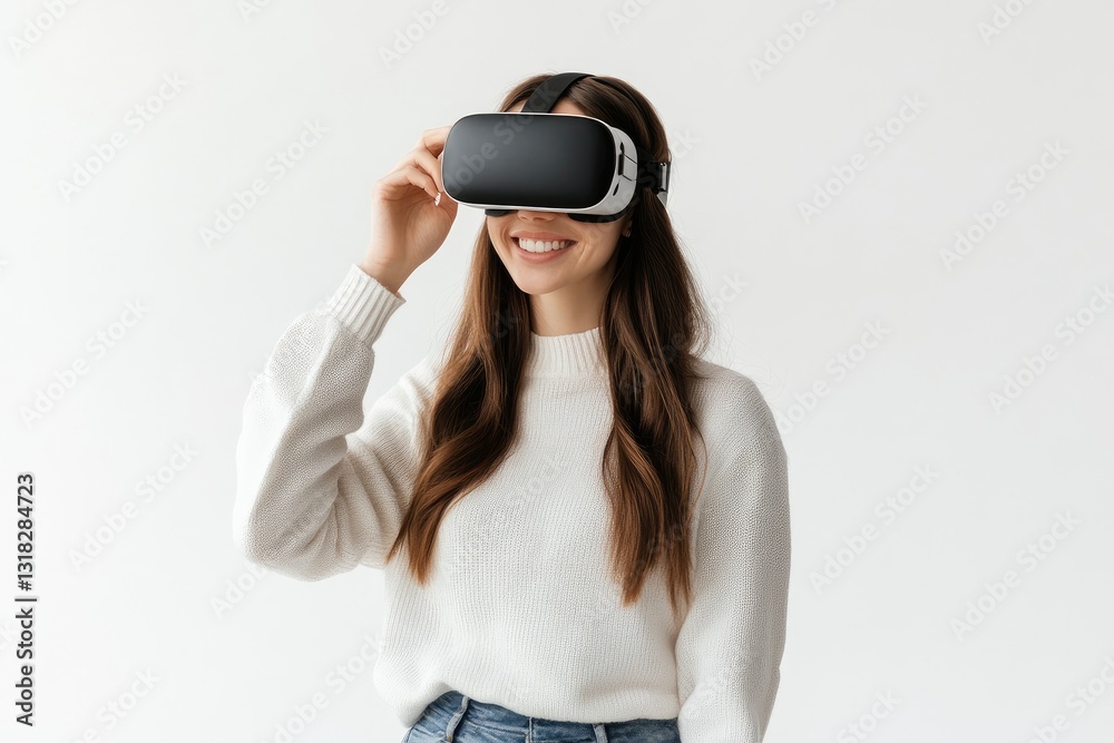 Pixel Perfect Image of Smiling Businesswoman in Casual Wear is Wearing Vr Helmet Pixel Perfect Image of Smiling Businesswoman in Casual Wear is Wearing Vr Helmet