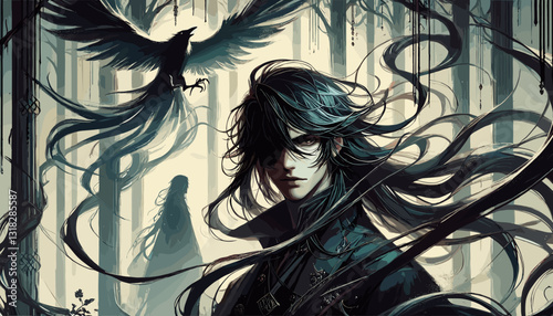 Dark fantasy digital painting of a mysterious long-haired figure in a shadowy forest, with a black raven and a cloaked silhouette in the background. Gothic, eerie, and atmospheric.