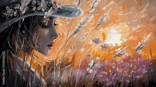 Romantic oil painting of a woman in a floral hat, gazing at a sunset in a wheat field with wildflowers. Warm tones, impressionistic brushstrokes, dreamy atmosphere, serene expression.