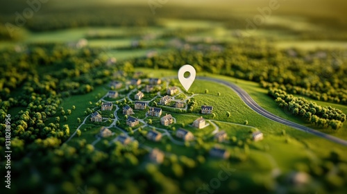 A colorful small town scene with a balloon floating above showcasing new housing developments in a green environment