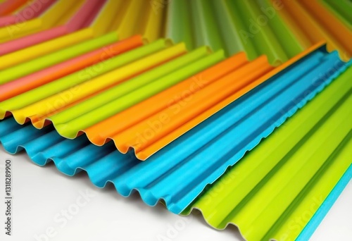 Four vibrant colored corrugated metal roofing sheets stacked, wide angle view, steel, construction photo