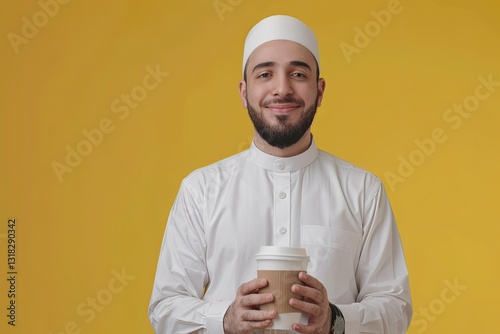 Arabic Young Man with White Shirt Holding Hot Coffee in Takeaway Paper Cup