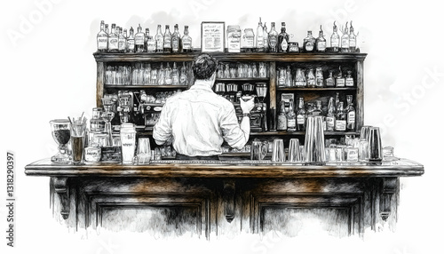 A bartender's back is seen tending a well-stocked bar, detailed with bottles and glassware. The image is rendered in a monochrome style, conveying a classic atmosphere