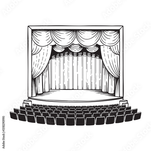Line art theater stage seats arrangement curtain art vector	