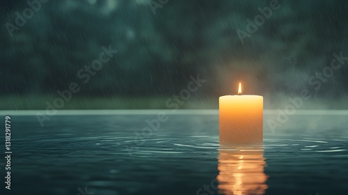 Peaceful Candle Light on Still Water in Rainy Atmosphere