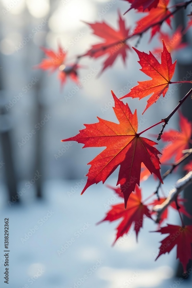 Delicate maple leaves against a crisp snowy backdrop, monochrome, isolated, nature Delicate maple leaves against a crisp snowy backdrop, monochrome, isolated, nature