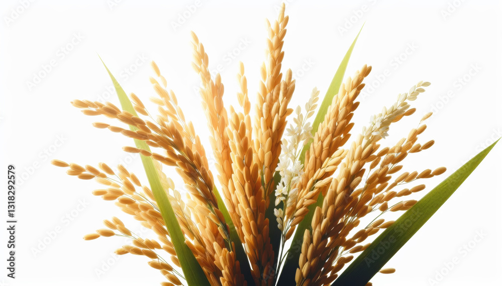Fototapeta premium Close-up of rice with leaves on white background.
