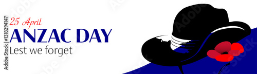 Anzac day vector horizontal banner with poppy flowers and slouch hat on white background