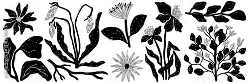 Neo folk flower shape asset. Black rustic element, texture, hand drawn style. Vector illustration for poster, collage, design template.