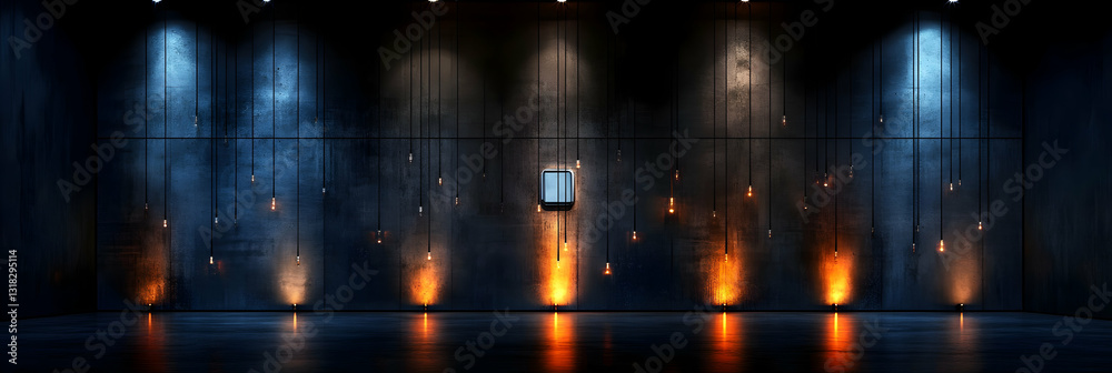 Industrial-Style Room with Hanging Lights and a Metal Panel, Illuminating the Space with Warm and Cool Tones. Industrial-Style Room with Hanging Lights and a Metal Panel, Illuminating the Space with Warm and Cool Tones.