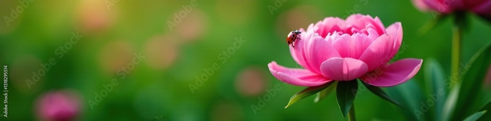 Ladybug perches on a large pink peony with lush green leaves and stems, peonies, pink peony Ladybug perches on a large pink peony with lush green leaves and stems, peonies, pink peony