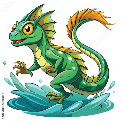 A basilisk lizard, with its long tail,  dynamically running across the surface of water.  Show detailed scales and vibrant colors.