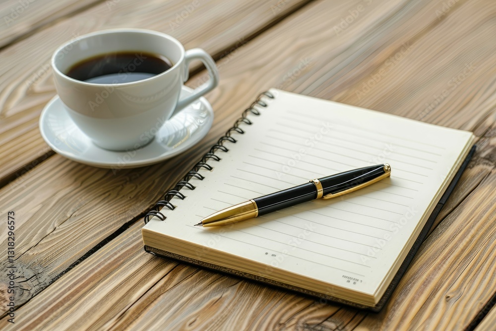 Vibrant Color Picture of a Notebook with a Pen on it and a Cup of Coffee on the Table Vibrant Color Picture of a Notebook with a Pen on it and a Cup of Coffee on the Table