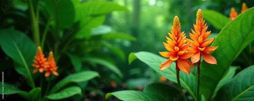 Exotic ginger flowers in a lush green environment, botanical, tropical, foliage Exotic ginger flowers in a lush green environment, botanical, tropical, foliage