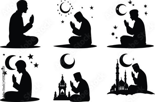 A silhouette design bundle of all the people seen praying to Allah.