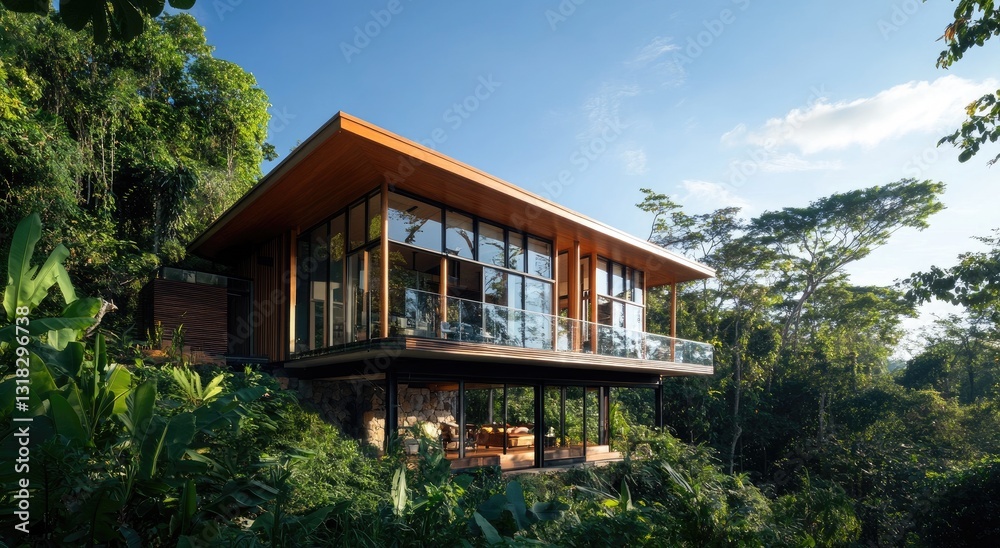 A small, narrow, modern house made of wood and glass, standing on a hill in a Brazilian forest with a clear blue sky, surrounded by trees. A small, narrow, modern house made of wood and glass, standing on a hill in a Brazilian forest with a clear blue sky, surrounded by trees.