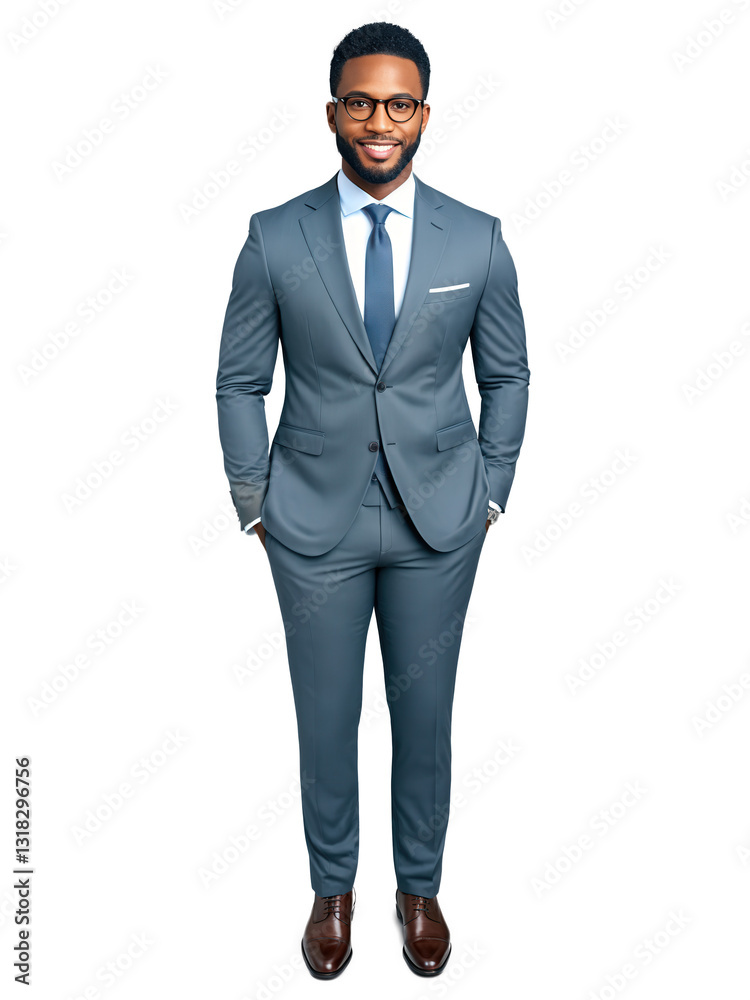 Portrait of a professional African American man with short curly hair and eyeglasses, dressed in a tailored charcoal gray business Portrait of a professional African American man with short curly hair and eyeglasses, dressed in a tailored charcoal gray business