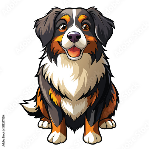 A majestic Bernese Mountain Dog, showcasing its thick, tri-colored coat, sitting attentively.  Capture the dog's gentle expression and powerful physique.